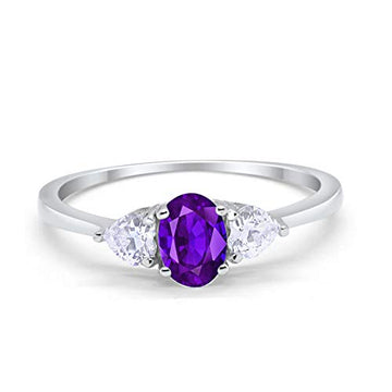 3-Stone Fashion Promise Ring Oval Simulated Amethyst Cubic Zirconia 925 Sterling Silver